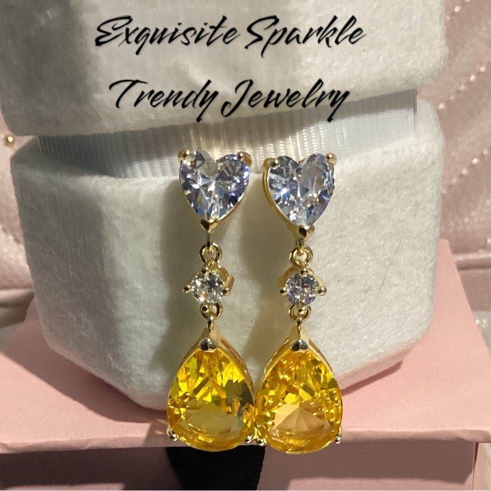Chic 10kGold Plated White &Canary Yellow CZ Diamond Heart Drop Earrings